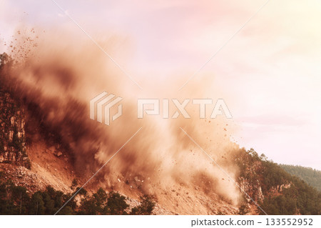 Landslide on mountain slope with dust and rocks in motion dramatic natural disaster scene blurred debris forest at base sunlight environmental impact danger outdoor landscape 133552952