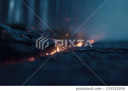 Defocused lava river splitting forest edge subtle smoke glowing embers dark atmosphere dramatic landscape night danger nature power heat destruction 133552956