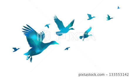 A flock of blue ducks flying. hand drawing. Not AI. Vector illustration A flock of blue ducks flying. hand drawing. Not AI. Vector illustration 133553142