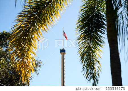 An American flag waves on a tall observation mast under a clear blue sky. Palm leaves create a tropical frame around the patriotic scene. An American flag waves on a tall observation mast under a clear blue sky. Palm leaves create a tropical frame around the patriotic scene. 133553273
