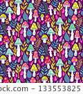 Bright whimsical mushroom pattern with vivid foliage. Perfect for kids products, fabric prints, stationery, gift wrap, and playful branding. 133553825