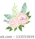 Elegant light peach rose blossoms are surrounded by rich green rose leaves, ferns, and eucalyptus. 133553839