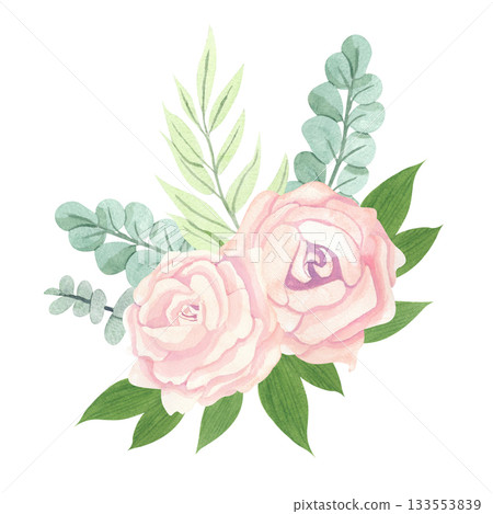 Elegant light peach rose blossoms are surrounded by rich green rose leaves, ferns, and eucalyptus. 133553839