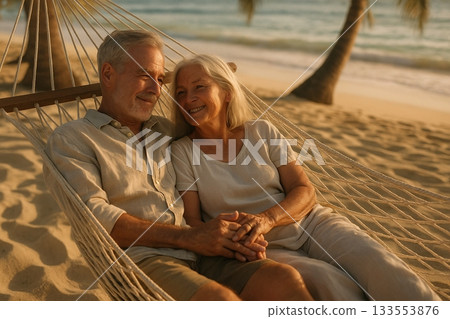 Senior couple relaxing in hammock at sunset beach Senior couple relaxing in hammock at sunset beach 133553876