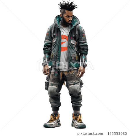 Wall Art Cool Cyberpunk Boy in Atmospheric Fog Street with Crazy Look Full Body Cutout 133553980