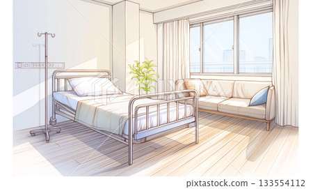 一間私人房間，裡面有一張整潔的床和簡單的家具，描繪了單人病房裡的安靜時光。 133554112