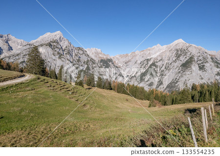 Walderalm Gnadenwald scenic landscape view Nordkette mountain alps in Tyrol aerial view of Alps near Innsbruck Austria 133554235