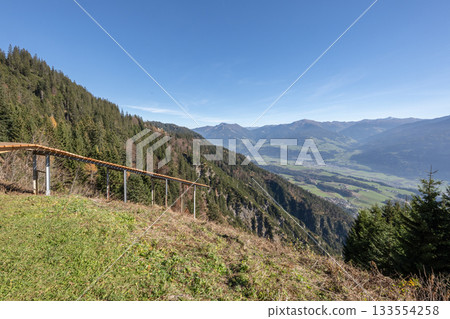 Innsbruck, Austrian wooden path paraglider take off spot from the top of Alps in Austria 133554258