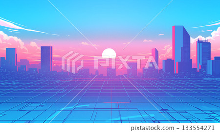 An illustration of an impressive urban landscape with a futuristic cityscape and the setting sun in the sky. Skyscrapers, architecture, landscape, sky, traffic 133554271