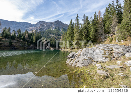 Summer time at romantic forest Lake Obernberg scenic mountain lakes landscape in Austria, Tyrol 133554286