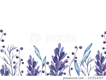 Watercolor botanical border with purple berries and leaves creates an elegant floral background. The minimalist natural design is ideal for wedding invitation layout. Space for text, isolated. Watercolor botanical border with purple berries and leaves creates an elegant floral background. The minimalist natural design is ideal for wedding invitation layout. Space for text, isolated. 133554357