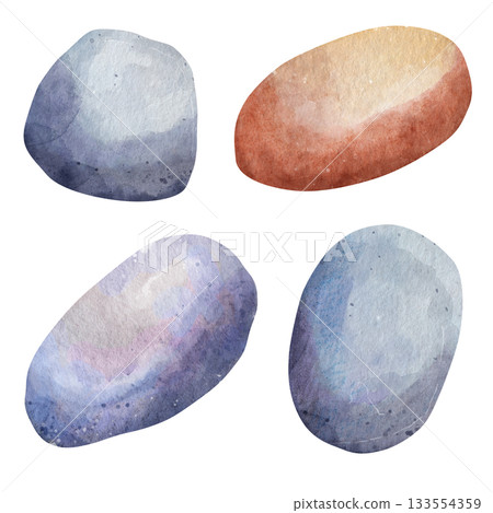 Watercolor set of illustrations smooth gray and orange stones and rocks. Hand drawn natural mineral collection on white background. Organic earthy elements for zen garden and minimalist design Watercolor set of illustrations smooth gray and orange stones and rocks. Hand drawn natural mineral collection on white background. Organic earthy elements for zen garden and minimalist design 133554359