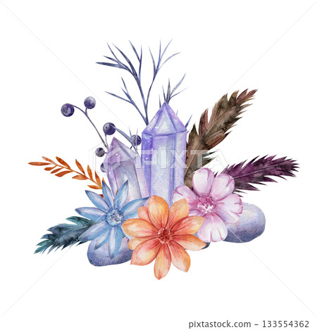 Mystical watercolor composition with purple crystal, bird feathers. Bohemian arrangement of stones, dried flowers and twigs on white. Hand painted spiritual illustration for magic, meditation themes Mystical watercolor composition with purple crystal, bird feathers. Bohemian arrangement of stones, dried flowers and twigs on white. Hand painted spiritual illustration for magic, meditation themes 133554362
