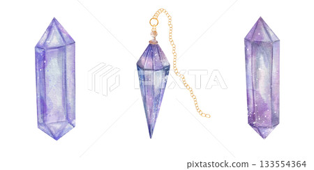 Watercolor set of purple crystals for fortune telling and mystical rituals. Hand drawn magical illustration amethyst. Spiritual tool for witchcraft, divination, and energy healing on white background Watercolor set of purple crystals for fortune telling and mystical rituals. Hand drawn magical illustration amethyst. Spiritual tool for witchcraft, divination, and energy healing on white background 133554364