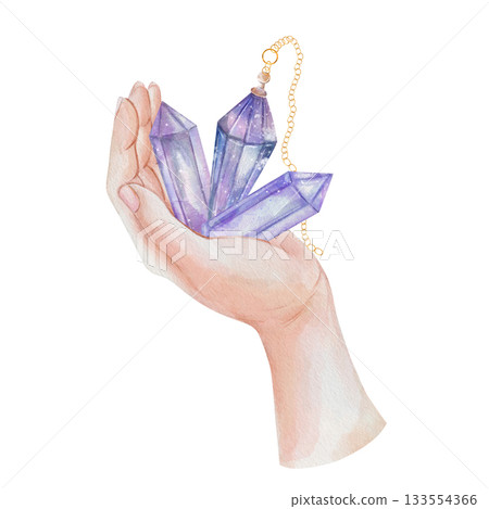 Hand holding collection of purple crystals for fortune telling. Mystical watercolor illustration isolated on white background. Spiritual tool for divination, energy healing, and psychic rituals Hand holding collection of purple crystals for fortune telling. Mystical watercolor illustration isolated on white background. Spiritual tool for divination, energy healing, and psychic rituals 133554366