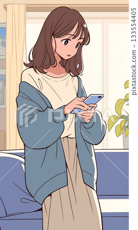 Woman sitting on sofa by window, using smartphone, afternoon in living room, family life, time at home, houseplant 133554405
