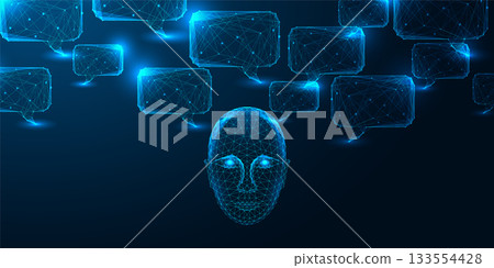 Futuristic artificial intelligence chatbot face with communication bubbles vector illustration 133554428