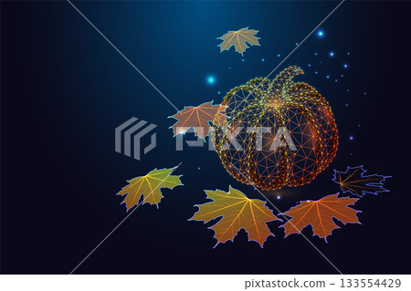 Glowing digital low poly pumpkin with colorful autumn leaves, futuristic fall vector illustration Glowing digital low poly pumpkin with colorful autumn leaves, futuristic fall vector illustration 133554429