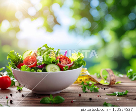 Image of diet salad and diet management using a tape measure 133554527