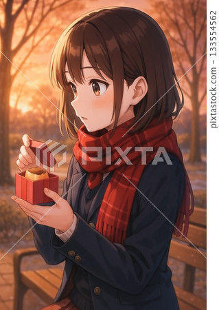 冬夜裡,一個女孩打開一個小盒子 冬夜裡,一個女孩打開一個小盒子 133554562