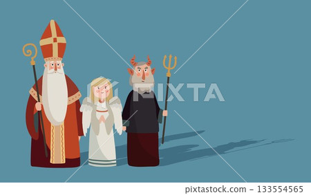 Cute hand drawn Saint Nicholas, angel, devil. St. Nicholas day greeting card, invitation. Winter season background. Czech Mikulas, Dutch Sinterklaas tradition. Flat design, vector illustration banner. Cute hand drawn Saint Nicholas, angel, devil. St. Nicholas day greeting card, invitation. Winter season background. Czech Mikulas, Dutch Sinterklaas tradition. Flat design, vector illustration banner. 133554565