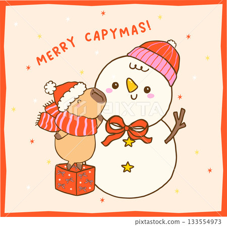 Kawaii Christmas Capybara and Snowman Cartoon, Cute vibrant hand drawn doodle Greeting Card Printable 133554973