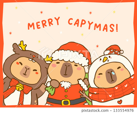 Kawaii Christmas Capybara Santa Claus, Snowman and Reindeer Cartoon, Cute vibrant hand drawn doodle Greeting Card Printable 133554976