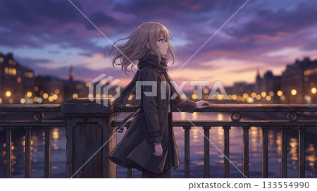 A woman standing on a bridge at dusk, an anime-style illustration of a quiet twilight scene with city lights swaying 133554990
