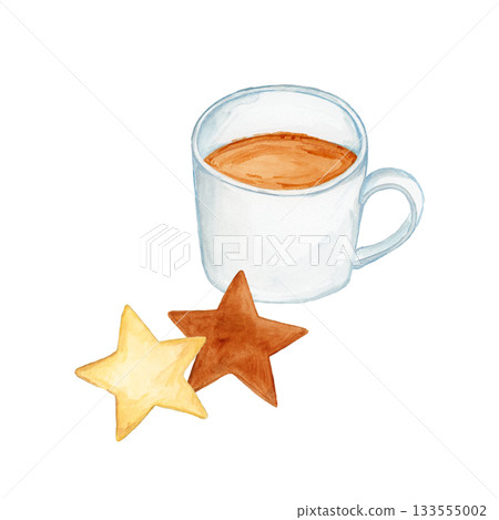 Hand drawn watercolor illustration of a white mug of cocoa and star-shaped cookies 133555002