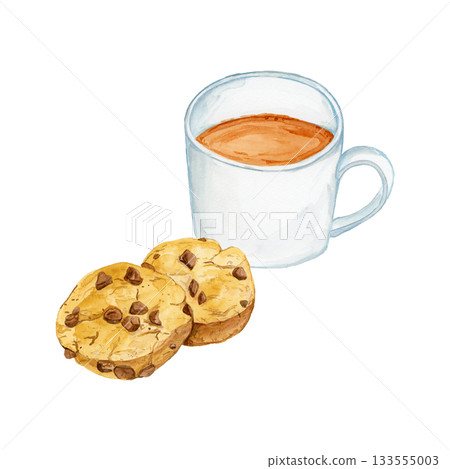 Hand drawn watercolor illustration of a white mug of cocoa and chocolate chip cookies Hand drawn watercolor illustration of a white mug of cocoa and chocolate chip cookies 133555003
