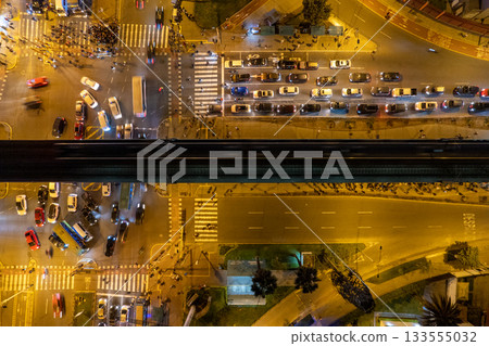 Aerial view of Angamos Avenue, showing the train station, Lima. Peru 133555032
