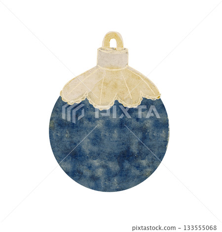Christmas tree blue textured ball, Christmas ornament isolated on white. Watercolor clip art perfect for wrapping paper, cards, new year, invitations, stickers, textile, posters, totes design 133555068