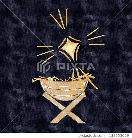 Manger with warm wood, golden straw and glowing Christmas star. A hand-painted watercolor illustration on dark textured background, ideal for Christmas, nativity scenes, books, crafts, seasonal decor Manger with warm wood, golden straw and glowing Christmas star. A hand-painted watercolor illustration on dark textured background, ideal for Christmas, nativity scenes, books, crafts, seasonal decor 133555069