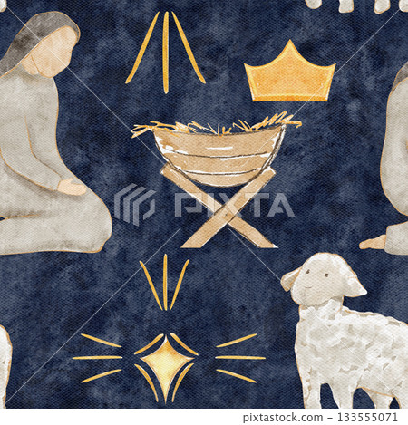 Kneeling Mary beside a manger, crown, lamb and a glowing golden star. Hand-painted watercolor nativity seamless pattern on dark blue. Scene ideal for Christmas cards, packaging, holiday designs Kneeling Mary beside a manger, crown, lamb and a glowing golden star. Hand-painted watercolor nativity seamless pattern on dark blue. Scene ideal for Christmas cards, packaging, holiday designs 133555071