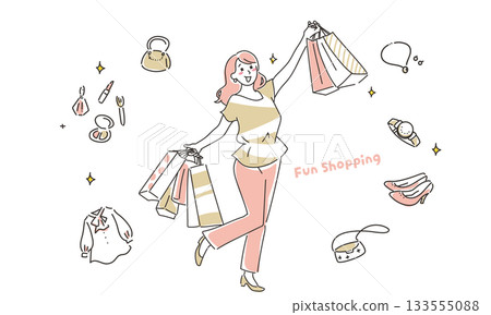 簡潔的插畫設計,描繪了一位女士享受購物的場景。 簡潔的插畫設計,描繪了一位女士享受購物的場景。 133555088