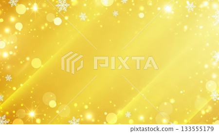 一張華麗的節慶背景圖，適合年末促銷，圖中明亮的黃色背景上散落著白色亮片和雪花。 133555179