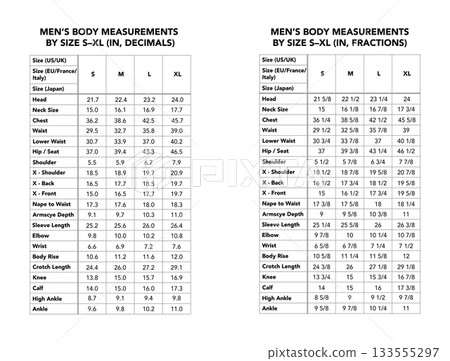 Set of Men size chart inches fractions and decimals chest waist hips shoulder sleeve S M L XL reference sewing tailoring Set of Men size chart inches fractions and decimals chest waist hips shoulder sleeve S M L XL reference sewing tailoring 133555297