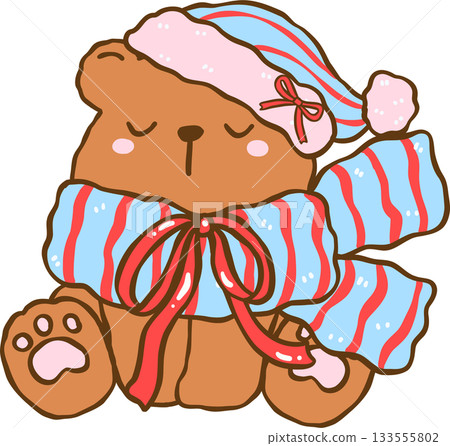 Coquette Cozy Winter Sleeping Teddy Bear Doll with Scarf and Red Ribbon Bows Cartoon Hand Drawn 133555802