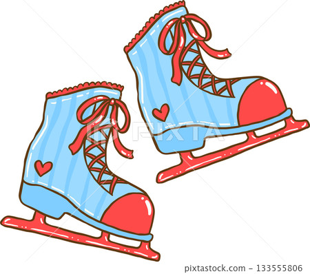 Coquette Winter Blue Ice Skates Shoes with Red Ribbon Bow Laces Cartoon Hand Drawn Coquette Winter Blue Ice Skates Shoes with Red Ribbon Bow Laces Cartoon Hand Drawn 133555806