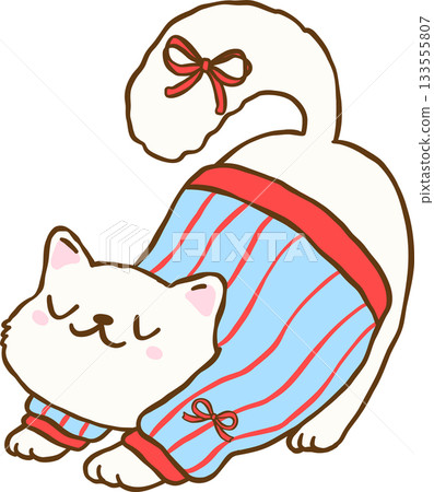 Coquette Cozy Winter Stretching Cat in Blue Jumber with Red Ribbon Bows Cartoon Hand Drawn Coquette Cozy Winter Stretching Cat in Blue Jumber with Red Ribbon Bows Cartoon Hand Drawn 133555807