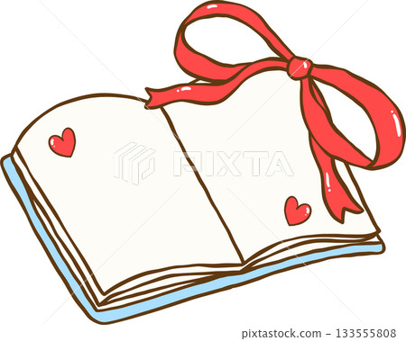Preppy Open Book Empty pages with Red Ribbon Bows Cartoon Hand Drawn 133555808