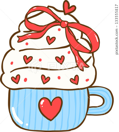 Preppy Cozy Winter Whipped Cream in Blue Mug with Red Ribbon Bows Cartoon Hand Drawn Preppy Cozy Winter Whipped Cream in Blue Mug with Red Ribbon Bows Cartoon Hand Drawn 133555817