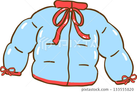Coquette Cozy Winter Blue Puffer Jacket with Red Ribbon Bows Cartoon Hand Drawn 133555820