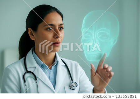 AI generated Mexican female allergist in a hypersensitivity testing lab, projecting a mint-green glowing hologram of a sinus diagram, showcasing modern medical technology and focused healthcare AI generated Mexican female allergist in a hypersensitivity testing lab, projecting a mint-green glowing hologram of a sinus diagram, showcasing modern medical technology and focused healthcare 133555851