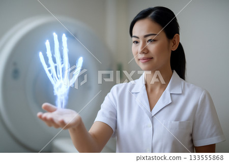 AI generated Thai female radiographer interacting with a glowing hologram of a skeletal hand in a medical CT suite. The image portrays advanced technology and precision in healthcare settings. AI generated Thai female radiographer interacting with a glowing hologram of a skeletal hand in a medical CT suite. The image portrays advanced technology and precision in healthcare settings. 133555868