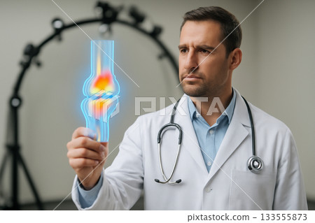AI generated sports medicine doctor in a biomechanics lab holding a glowing knee ligament stress map in a futuristic simulation chamber motion capture systems highlights advanced medical technology. AI generated sports medicine doctor in a biomechanics lab holding a glowing knee ligament stress map in a futuristic simulation chamber motion capture systems highlights advanced medical technology. 133555873