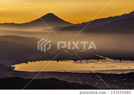 Mount Fuji, sea of clouds and Lake Suwa sunrise Mount Fuji, sea of clouds and Lake Suwa sunrise 133555892