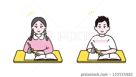 小學男孩和女孩學習的圖片插圖 小學男孩和女孩學習的圖片插圖 133555982