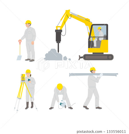 Set of workers and heavy machinery working at a construction site 133556011