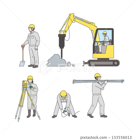 Set of workers and heavy machinery working at a construction site 133556013